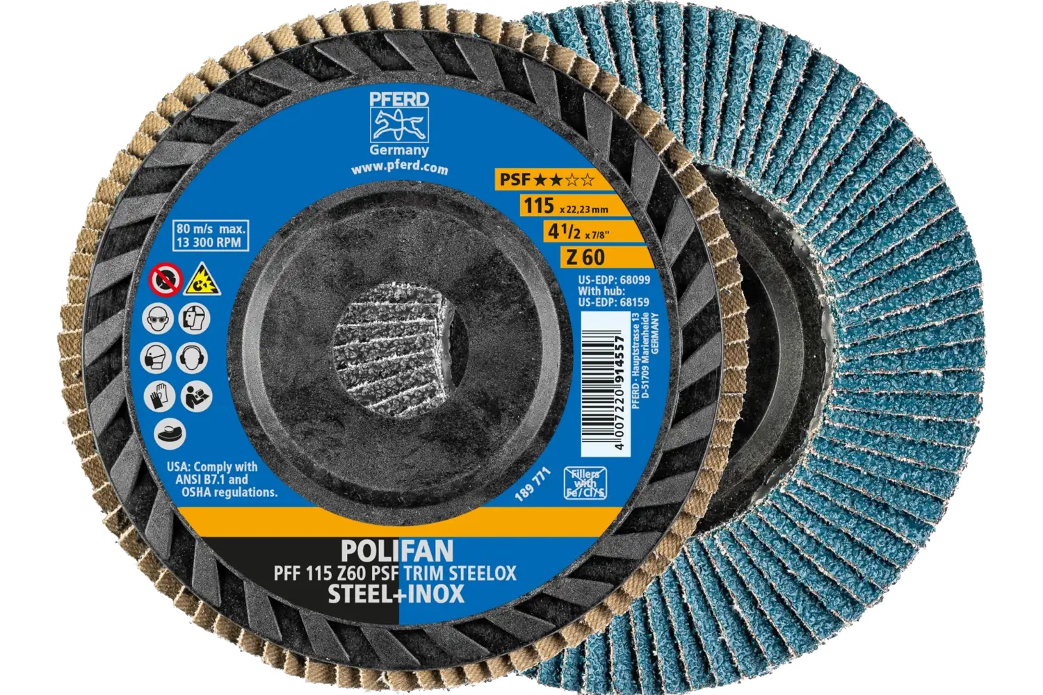 Picture of Pferd Flap Disc, 4-1/2" x 7/8, Z PSF Trim Steelox, 60 Grit, T27, Flat, Zirconia